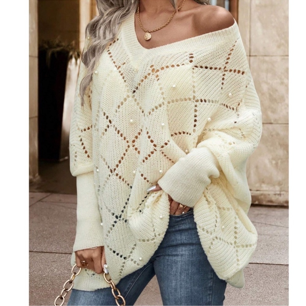 Cozy Faux Pearl Oversized Pointelle Knit Sweater Top S M L